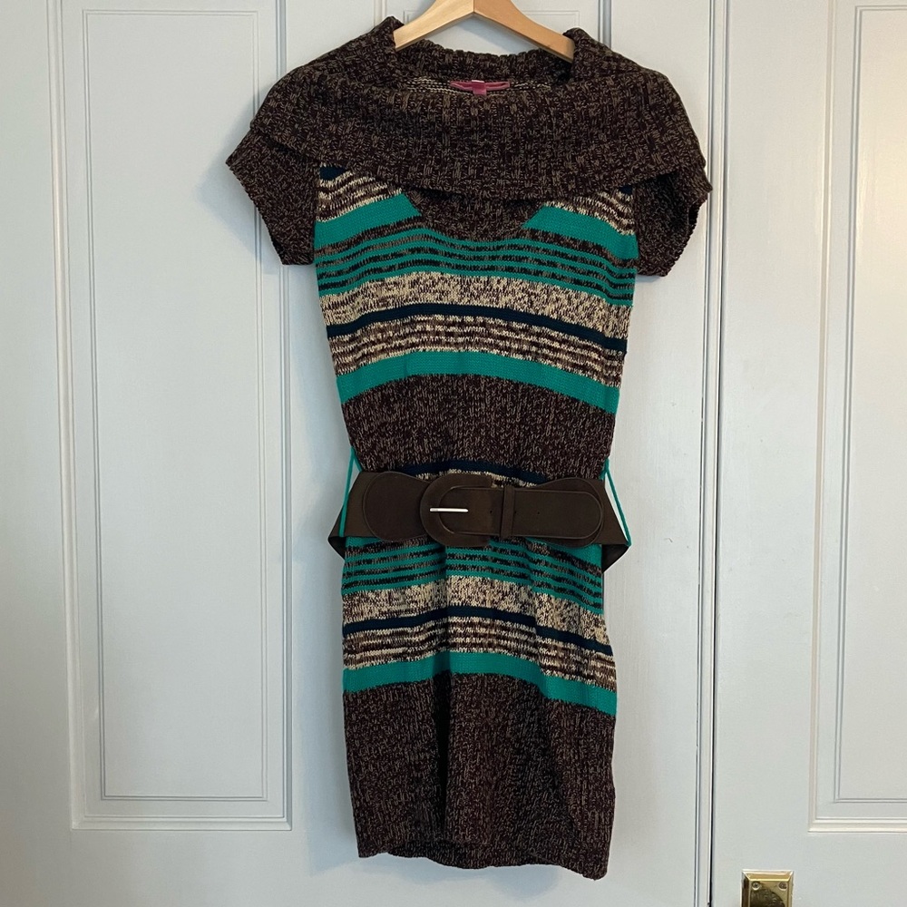 Derek Heart Y2K Striped Sweater Dress M | Cowl Neck Belted Retro 2000s